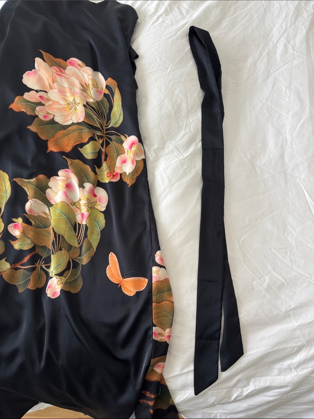 Black Peony Satin Kimono Robe with Butterfly Accents - Picture 6 of 6